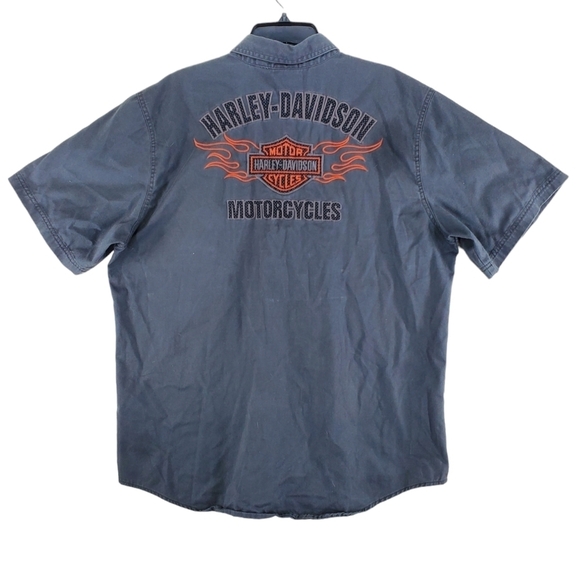 Harley Davidson Mechanic Shirt Button Down SS Mens XL Gray Embroidered Flames - Picture 1 of 14